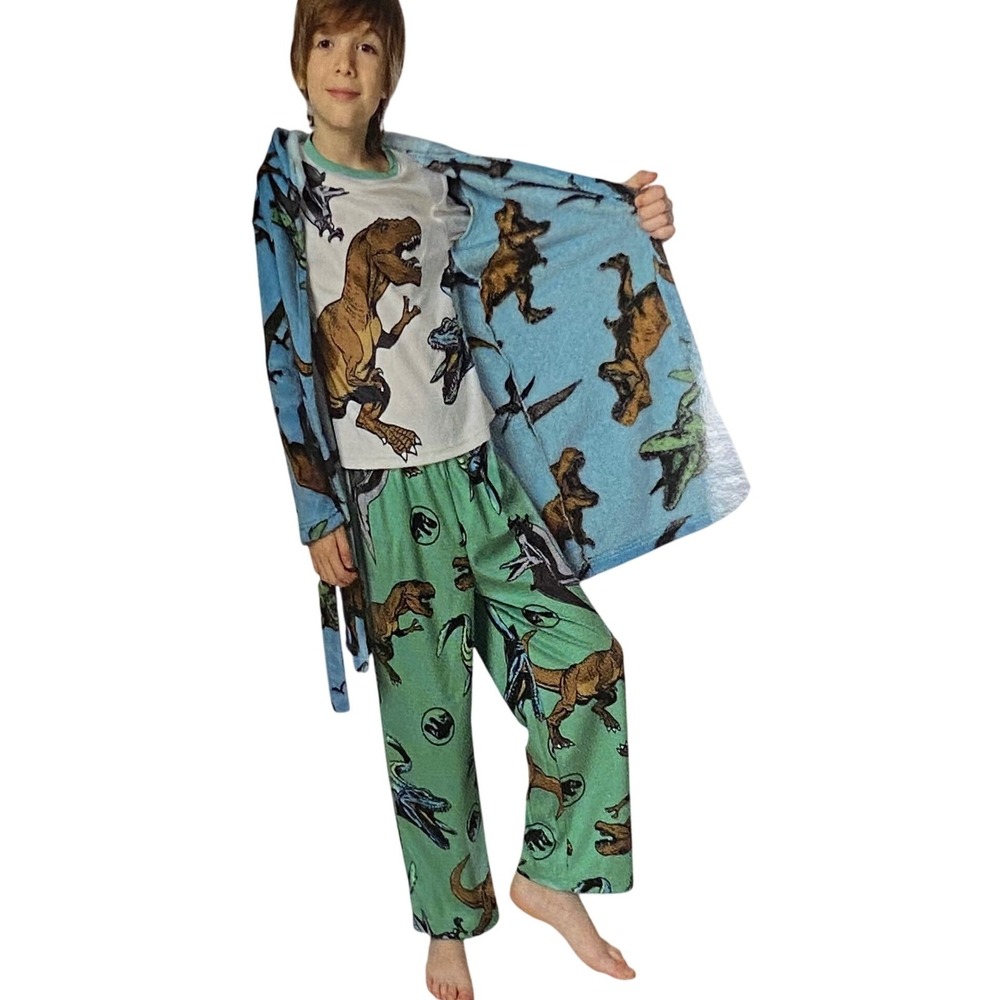 Jurassic World Boys 3PC Robe and Pajama Set Blue‎ Green Dinosaur Size 6 NWT